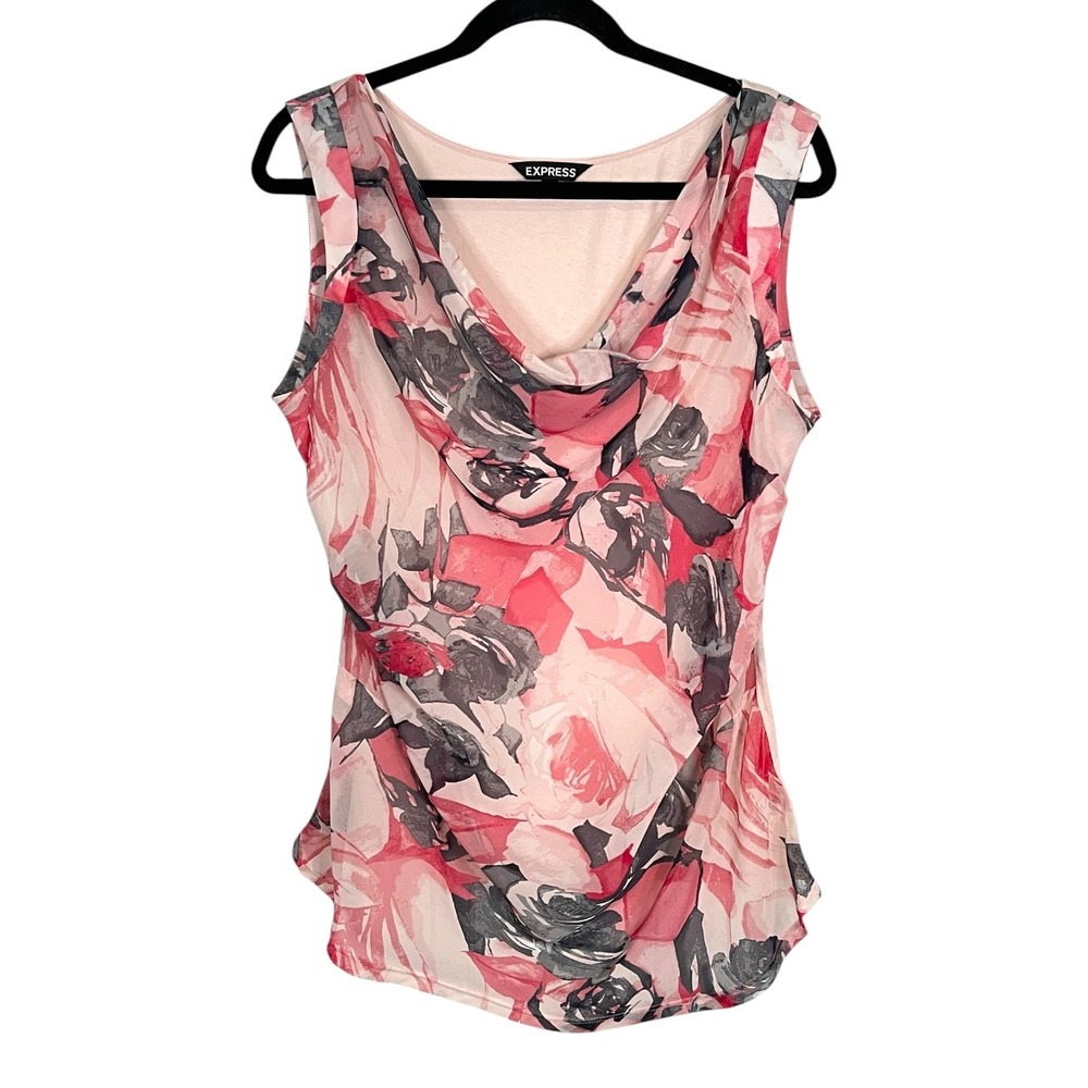 VTG - Express Pink Floral Cowl Neck Sleeveless Mixed Media Blouse- Sz Large